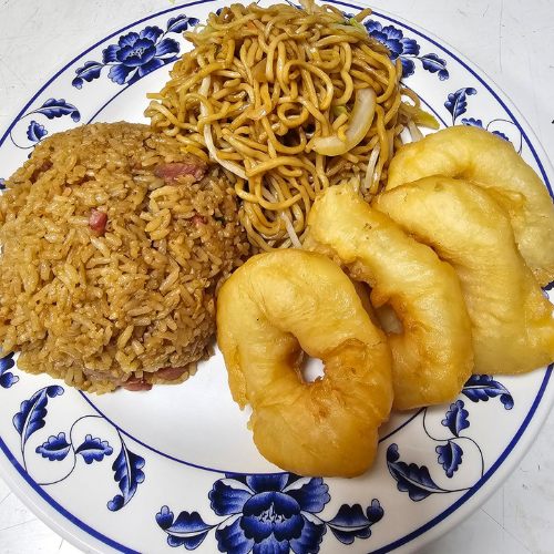 Fried shrimp dinner with pork chow mein and pork fried rice