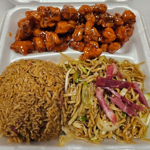 Sweet and sour pork dinner with pork chow mein and pork fried rice