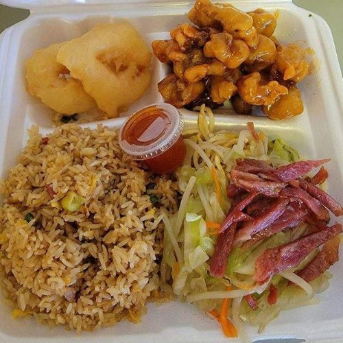 Hong Kong combo plate with pork chow mein, pork fried rice, fried shrimp and sweet and sour pork